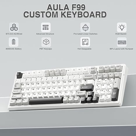 AULA F99 Wireless Mechanical Keyboard,Tri-Mode BT5.0/2.4GHz/USB-C Hot Swappable Custom Keyboard,Pre-lubed Linear Switches,RGB Backlit Computer Gaming Keyboards for PC/Tablet/PS/Xbox - Image 4