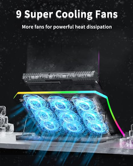 KeiBn Upgraded Gaming Laptop Cooler Pad with 9 Quiet RGB Fans, Cooling Pad for 15.6-17.3 Inch Laptops with 7 Height Stands, 2 USB Ports, Phone Stand-Blue - Image 3