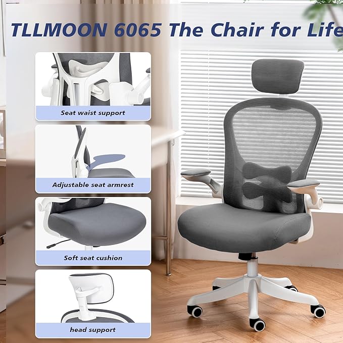 TLLMOON-6065 Detailed Micro-Adjustable Seat, Lift and Move Seat, 2D Lumbar Support, 2D Armrest with Headrest. Office Chair, Study Chair, Gaming Chair. (W-Grey) - Image 2