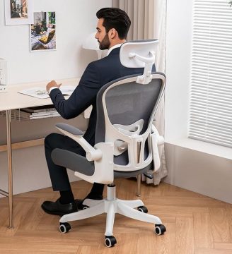 TLLMOON-6065 Detailed Micro-Adjustable Seat, Lift and Move Seat, 2D Lumbar Support, 2D Armrest with Headrest. Office Chair, Study Chair, Gaming Chair. (W-Grey)