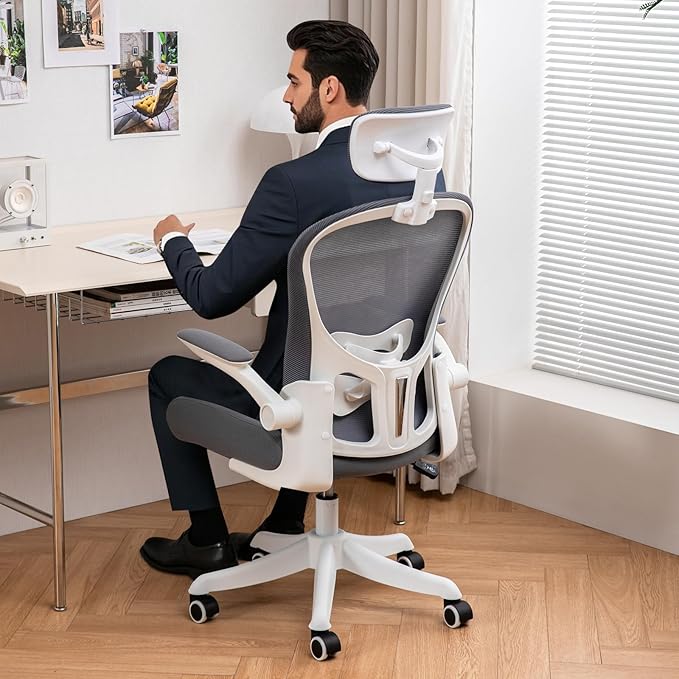 TLLMOON-6065 Detailed Micro-Adjustable Seat, Lift and Move Seat, 2D Lumbar Support, 2D Armrest with Headrest. Office Chair, Study Chair, Gaming Chair. (W-Grey)