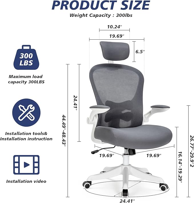 TLLMOON-6065 Detailed Micro-Adjustable Seat, Lift and Move Seat, 2D Lumbar Support, 2D Armrest with Headrest. Office Chair, Study Chair, Gaming Chair. (W-Grey) - Image 3