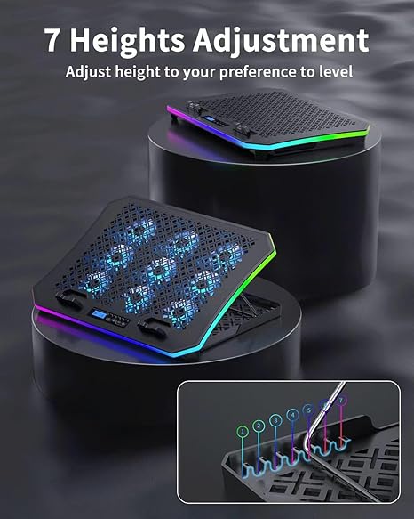 KeiBn Upgraded Gaming Laptop Cooler Pad with 9 Quiet RGB Fans, Cooling Pad for 15.6-17.3 Inch Laptops with 7 Height Stands, 2 USB Ports, Phone Stand-Blue - Image 4