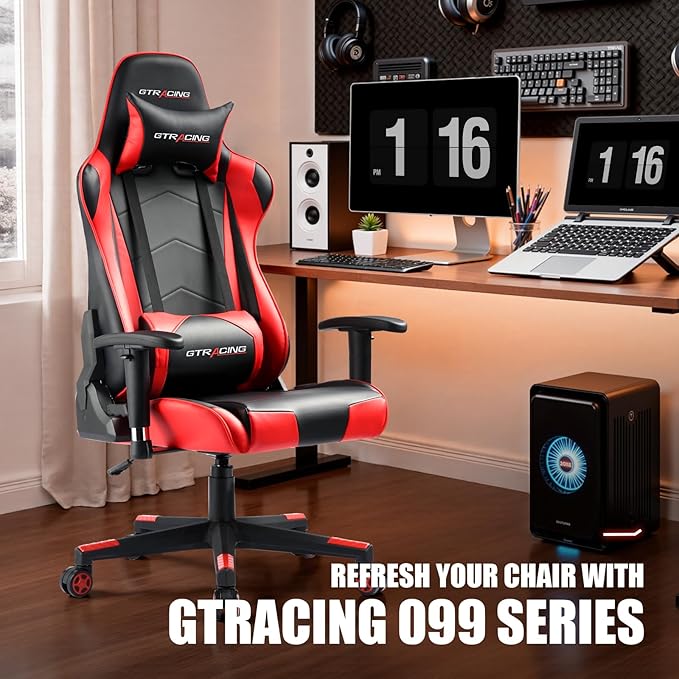 GTRACING Gaming Chair Racing Office Computer Ergonomic Video Game Chair Backrest and Seat Height Adjustable Swivel Recliner with Headrest and Lumbar Pillow Esports Chair (Red) - Image 3