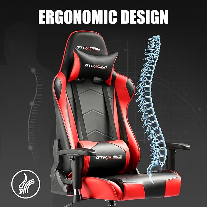 GTRACING Gaming Chair Racing Office Computer Ergonomic Video Game Chair Backrest and Seat Height Adjustable Swivel Recliner with Headrest and Lumbar Pillow Esports Chair (Red) - Image 2